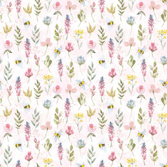 Watercolor botanical seamless pattern wild flowers and garden plants. Hand drawn leaves, pink flowers, herbs and natural elements. For decorations, scrapbooking, cards for birthday, party,baby shower.