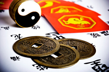 China astrology with yin yang and chinese astrological signs and iching coins 