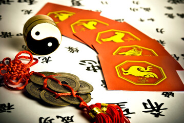 China astrology with chinese astrological signs and yin yang and iriental lucky coins 
