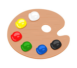 Wooden palette with paints. Vector illustration on white background.