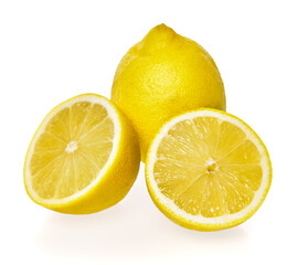  Single and two halves lemon fruit isolated on a white background