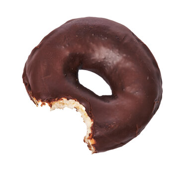  Single bitten chocolate doughnut isolated on a white background