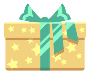 Present box icon. Celebration gift wrapped in star pattern paper. Side view