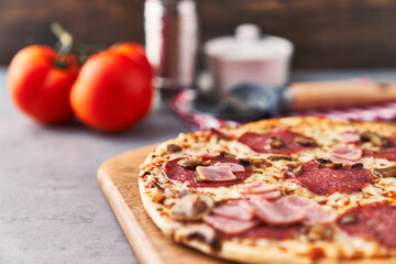  Delicious italian pizza on a concrete surface