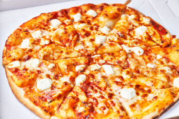  Delicious italian pizza on a cardboard surface