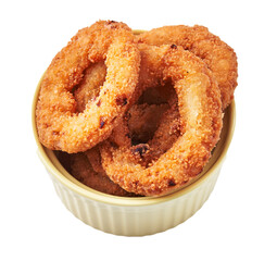  Bowl of breaded onion rings isolated on a white background