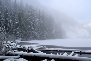 Foggy winter at Talapus Lake in North West Washington. Talapus Lake is the perfect introduction to the outdoors for hikers and beginning backpackers.