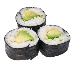  Group of avocado sushi maki isolated on white background