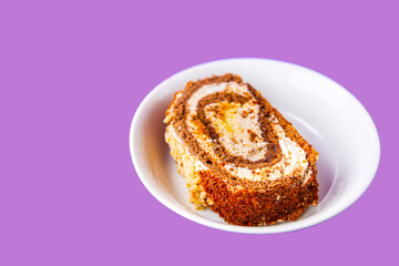 cake roll slice chocolate vanilla cream piece sweet dessert meal snack on the table copy space food background rustic. top view