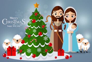 Christmas card in retro style with three kings bringing gifts to Jesus. Vector illustration in cartoon style.