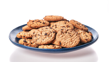  Plate of chocolate cookies isolated on a white background