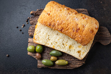 ciabatta bread olives meal fresh snack on the table copy space food background rustic 