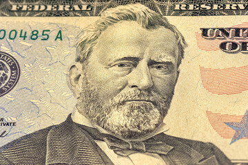 Close-up of 50 us dollar bill. Portrait of President and General Ulysses Grant on the US fifty us...