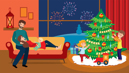 Parents and children of the family decorate the Christmas tree and enjoy Christmas and New Year. a beautiful room with a large Christmas tree, a window, fireworks and gifts.
