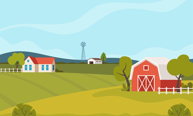 Farm scene with red barn and windmill, trees, fence, haystack. Rural landscape. Agriculture and farming concept. Cute vector illustration. - obrazy, fototapety, plakaty