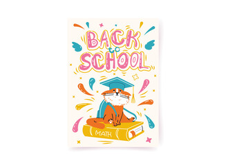 Back to school poster. Hand drawn illustration with a cat, lettering and books. Education concept. Vector on white background