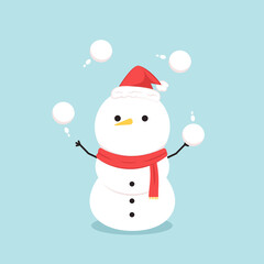 Snowman character design. Snowman vector illustration on blue background. Snow ball.