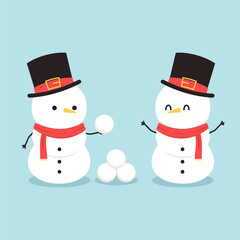 Snowman character design. Snowman vector illustration on blue background. Snow ball.