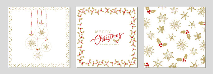 Holidays cards with Christmas motif, snowflakes, gold ornament snow frames and  green background. Winter vector set templates