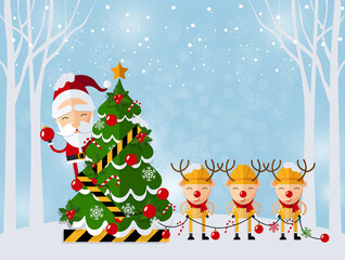 Obraz na płótnie Canvas Merry Christmas Happy Christmas companions. Santa Claus, Snowman, Reindeer and elf in Christmas snow scene with craft style on background. 