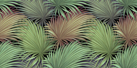 Seamless pattern, pastel green palm leaves, branches. Jungle, foliage. Hand-drawn fashion vintage 3d illustration. Tropical background. Luxury wallpapers, cloth, mural, fabric printing, posters, goods