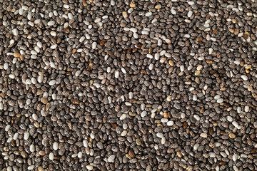 Many black chia seeds, macro. Top view of tiny black and white  oval shaped chia seeds. Also known as Salvia hispanica, chian or chien. Healthy omega-3 superfood background texture. Selective focus.