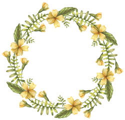 Fototapeta premium Watercolor floral wreath with bright yellow flowers, buds, field herbs.