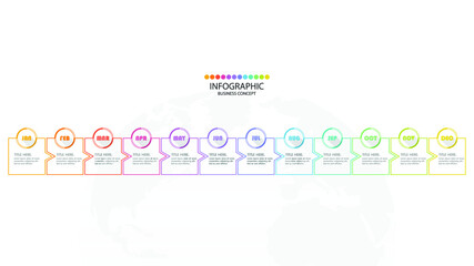 Timeline infographic with month or 12 steps, process or options, process chart, Used for process diagram, presentations, workflow layout, flow chart, infograph. Vector eps10 illustration.