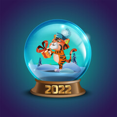 Christmas winter vector snow ball collection with decorated Chinese new year 2022 zodiac - vector cute cartoon character tiger. X-mas glass globe. Holiday crystal snow balls souvenir illustration