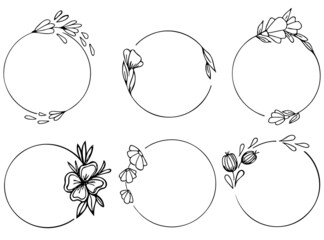 Set of hand drawn round doodle floral with leaves on white background