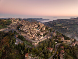 Italy november 2021: aerial view of the medieval village of Urbino, a unesco heritage site in the...