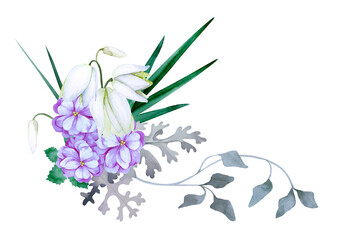 Delicate bouquet with flowers. Yucca, cineraria and leaves isolated on white background. Hand drawn watercolor.