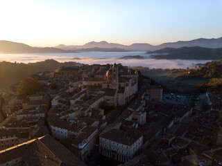 Italy november 2021: aerial view of the medieval village of Urbino, a unesco heritage site in the...