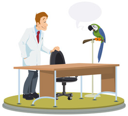 Doctor talks to parrot. People and animal. Illustration for internet and mobile website.