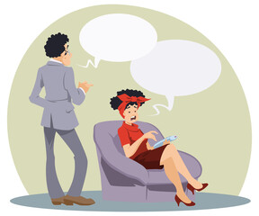 Couple having a conversation in relaxed atmosphere. Illustration for internet and mobile website.