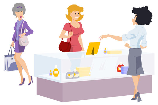 Saleswoman and customers in cosmetics store. Picture concept for web page design.