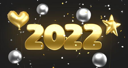 NEW YEAR 2022 CELEBRATION BALLOONS CONFETTI 3D TEXT RENDERING
