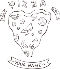 Hand drawn art vector pizza label.
Outline silhouette isolated on transparent background. Eps template vintage print for packaging, logo, poster, banner, interior, advertising.