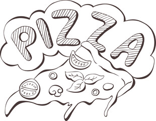 Hand drawn graphic art pizza.Vector label. Outline silhouette isolated on transparent background. Eps template vintage print for box, packaging, logo, poster, banner, interior, advertising.