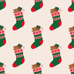 Christmas stockings with gifts, vector seamless pattern