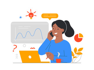 Business woman concept. Analytical department, work with statistics. Data checking, charting. Marketing research, office, employee behind laptop, pc, coworking. Cartoon flat vector illustration