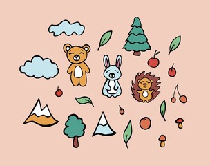 Vector illustration of cute forest animals. Funny freehand illustration with a black outline. Drawing of a bear, hare, hedgehog. Elements of a children's mobile.
