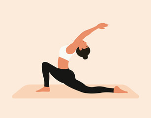 Young woman practicing yoga, doing stretching and balance exercise. Crescent Lunge or Anjaneyasana yoga pose. Flat vector illustration.
