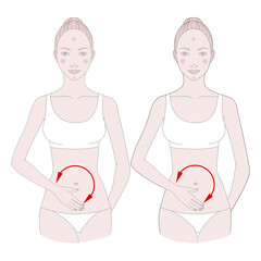 Half-figure of a girl. Self-massage of fatty deposits in the abdomen, illustration.