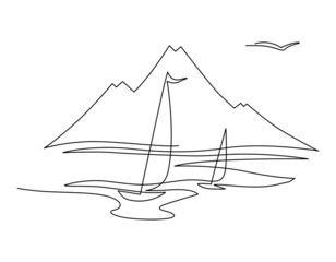Sailing yachts against the backdrop of mountains. Continuous line drawing illustration. Isolated on white background
