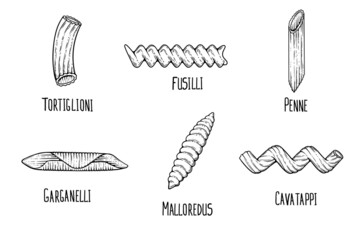 pasta set sketch. Doodle outline black and white vintage style macaroni illustration. - 470492630