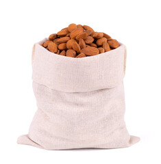 Almonds in bag from sacking isolated on white background