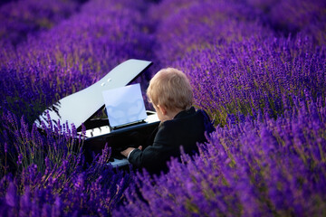 The child sits at the piano standing in a beautiful lavender field