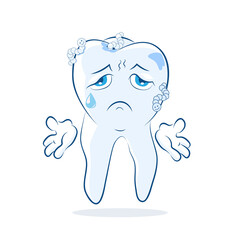 Dirty unhappy tooth cries and makes a sad gesture. Vector illustration. Healthcare poster, placard or banner template.
