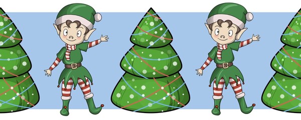 Cute little elf, Santa's helper dresses up Christmas tree, seamless border pattern